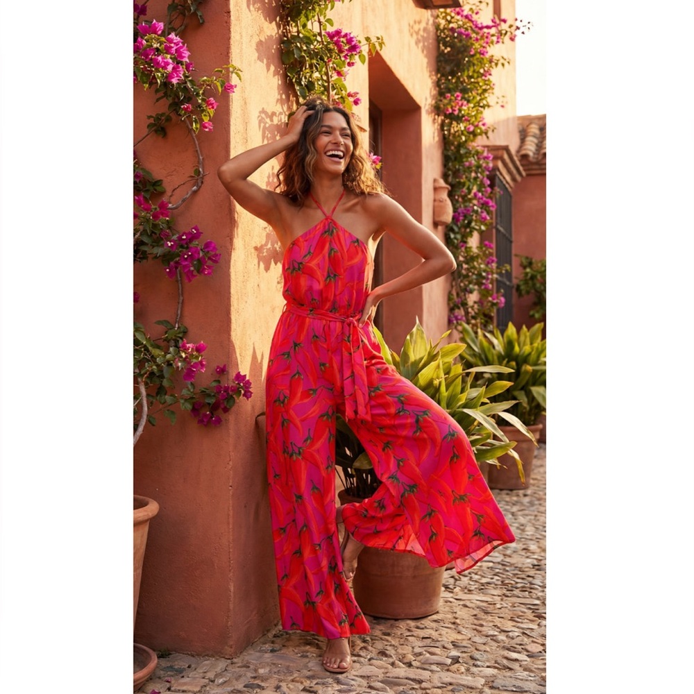 FARM Rio x Anthropologie Chili Pepper Halter Jumpsuit Size Small NWT in Pink Red - Picture 3 of 16